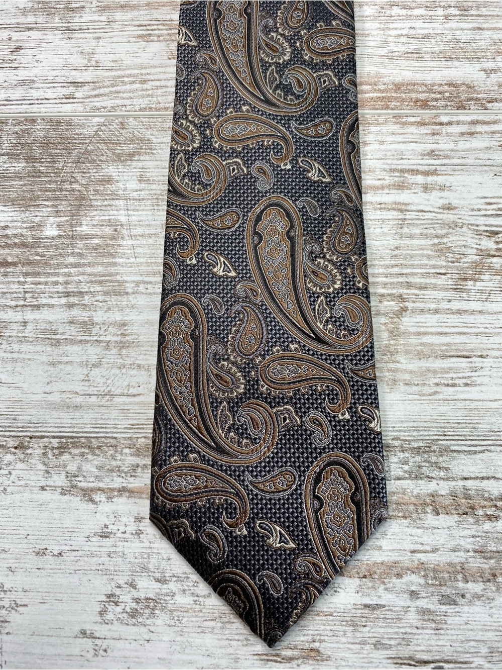 Bruno Piattelli Roma Vintage 100% Silk Tie Black Tan Paisley 60”
